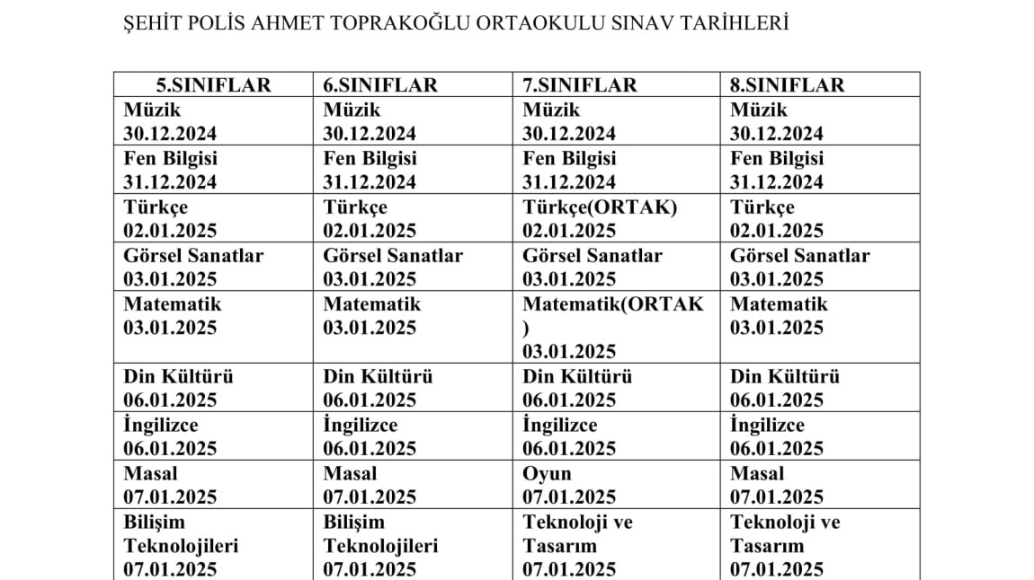 2024-2025 I.DÖNEM II. YAZILI SINAV TARİHLERİMİZ